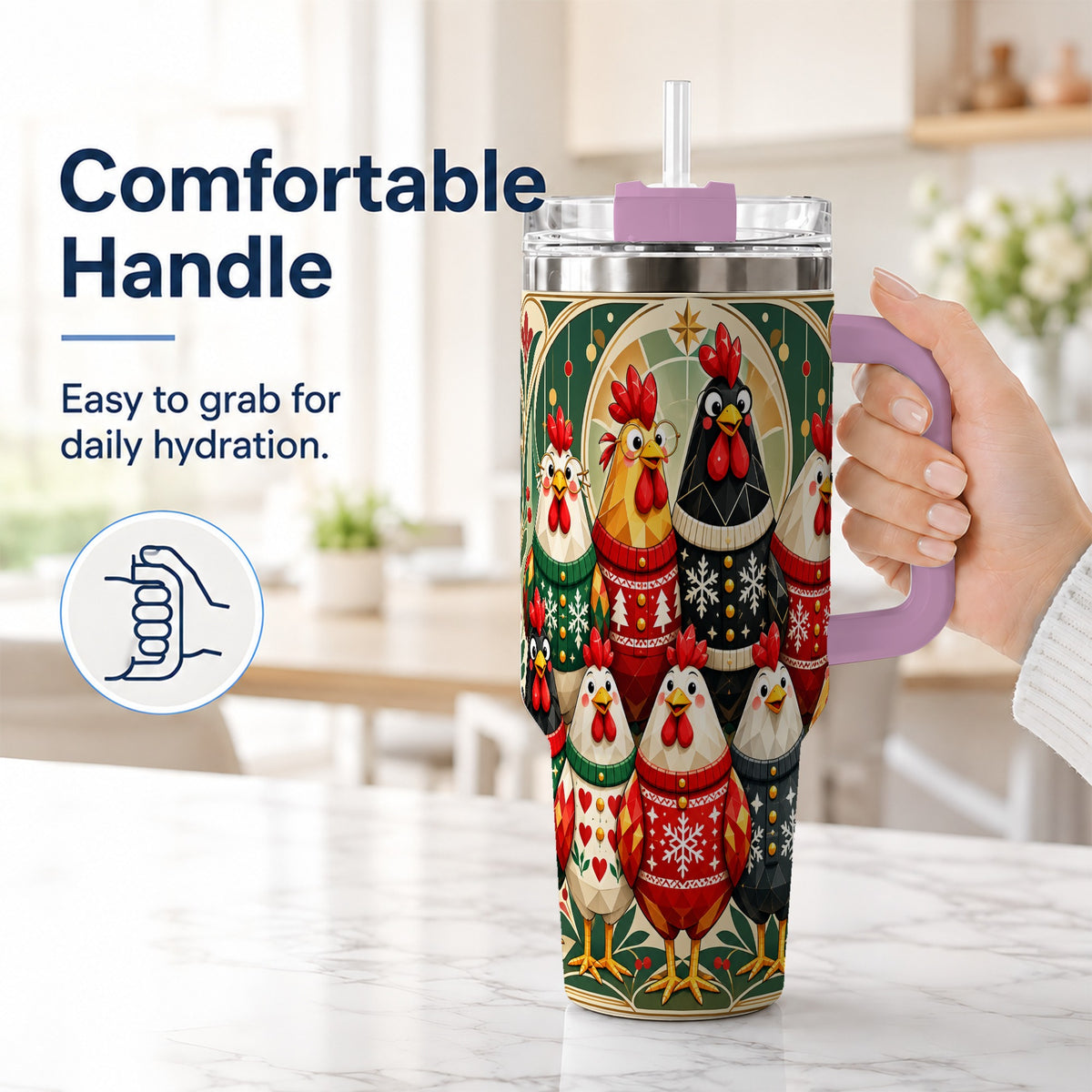 #pl[40oz|Pink] Christmas Chickens 40oz Tumbler with Handle, Farmhouse Holiday Cup
