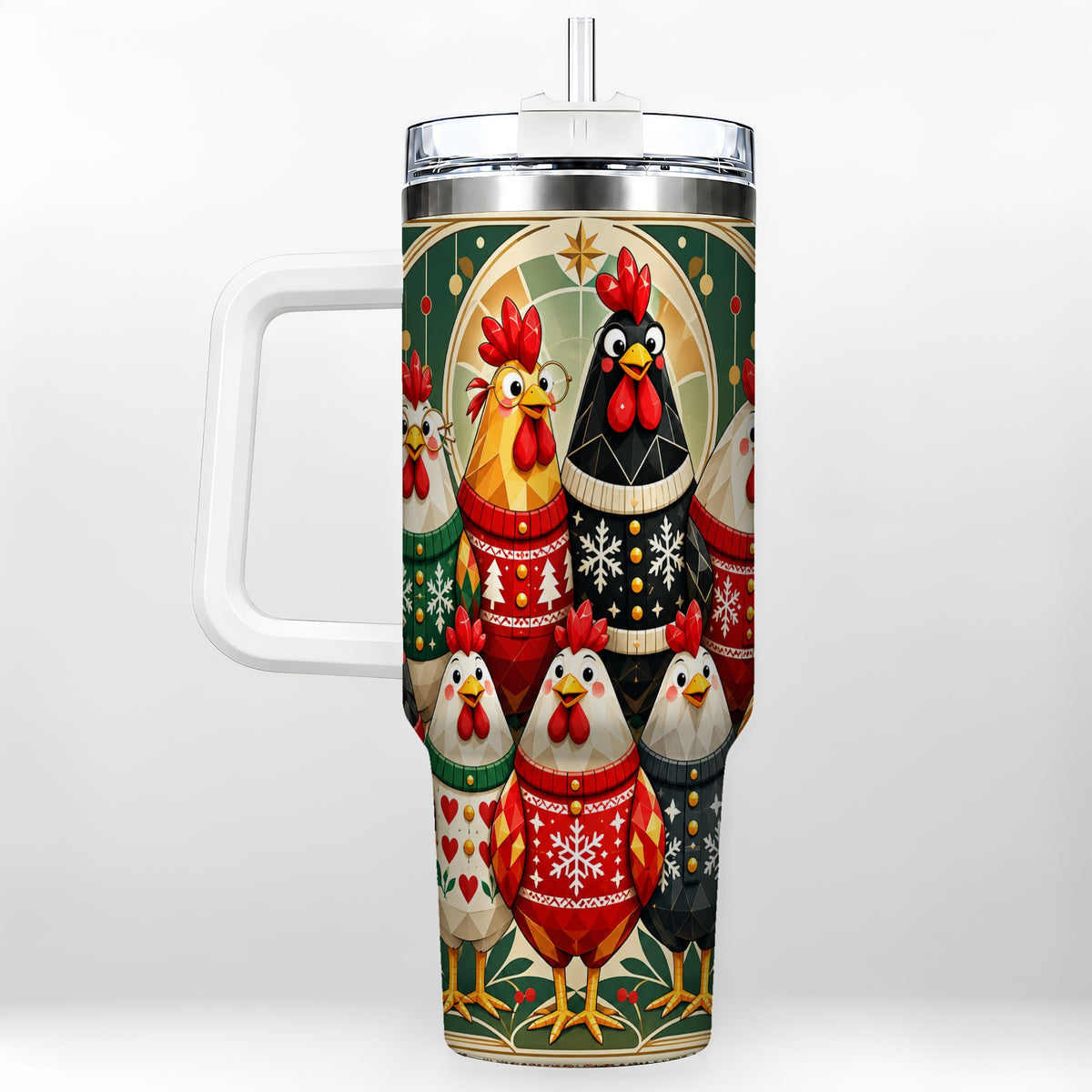 Christmas Chickens 40oz Tumbler with Handle, Farmhouse Holiday Cup