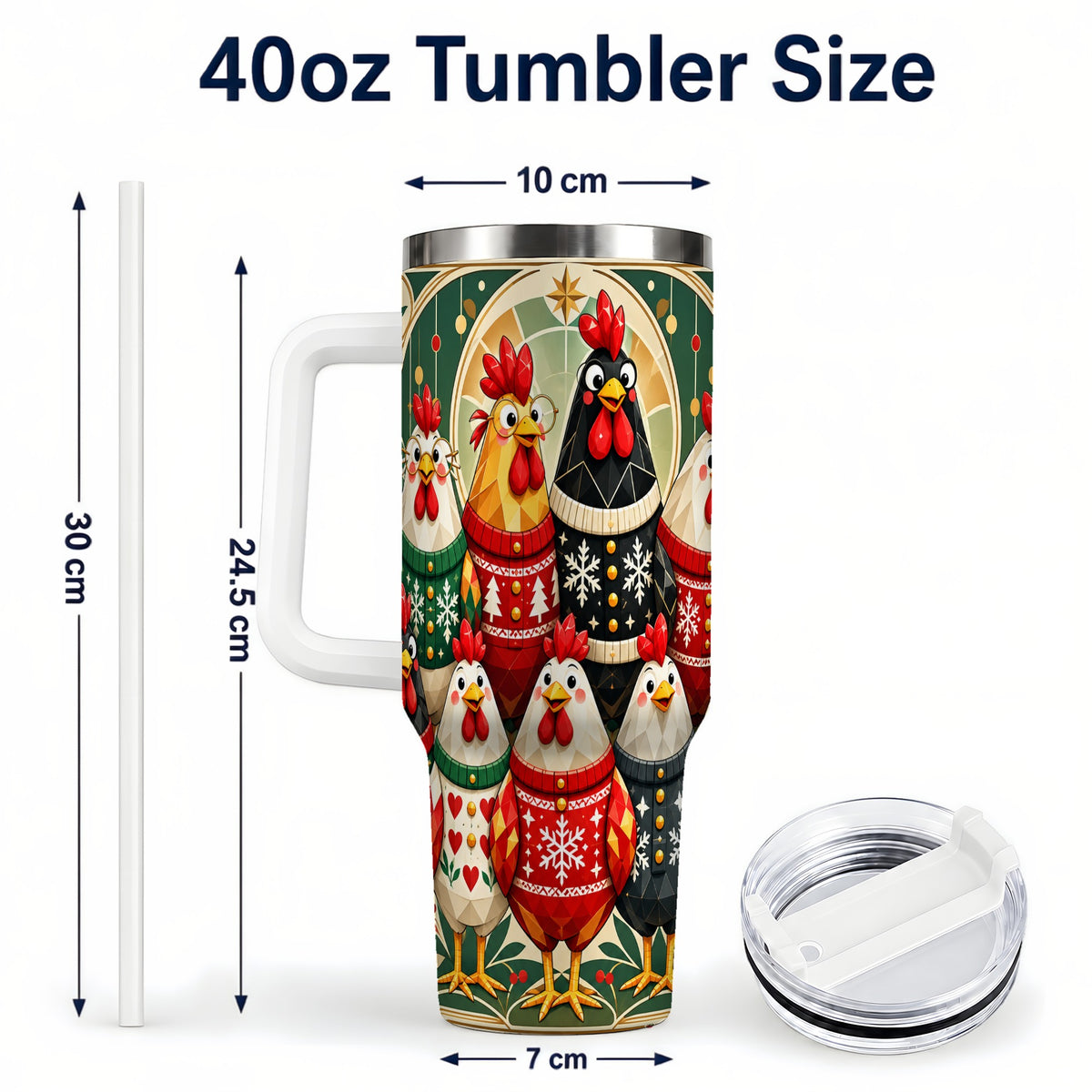 #pl[40oz|White] Christmas Chickens 40oz Tumbler with Handle, Farmhouse Holiday Cup
