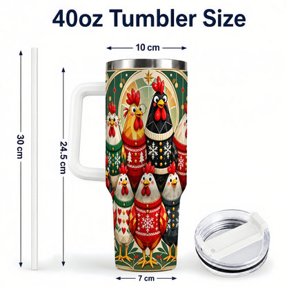 #pl[40oz|White] Christmas Chickens 40oz Tumbler with Handle, Farmhouse Holiday Cup