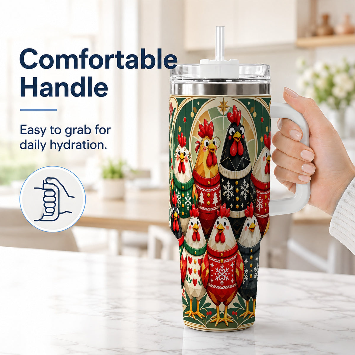 #pl[40oz|White] Christmas Chickens 40oz Tumbler with Handle, Farmhouse Holiday Cup