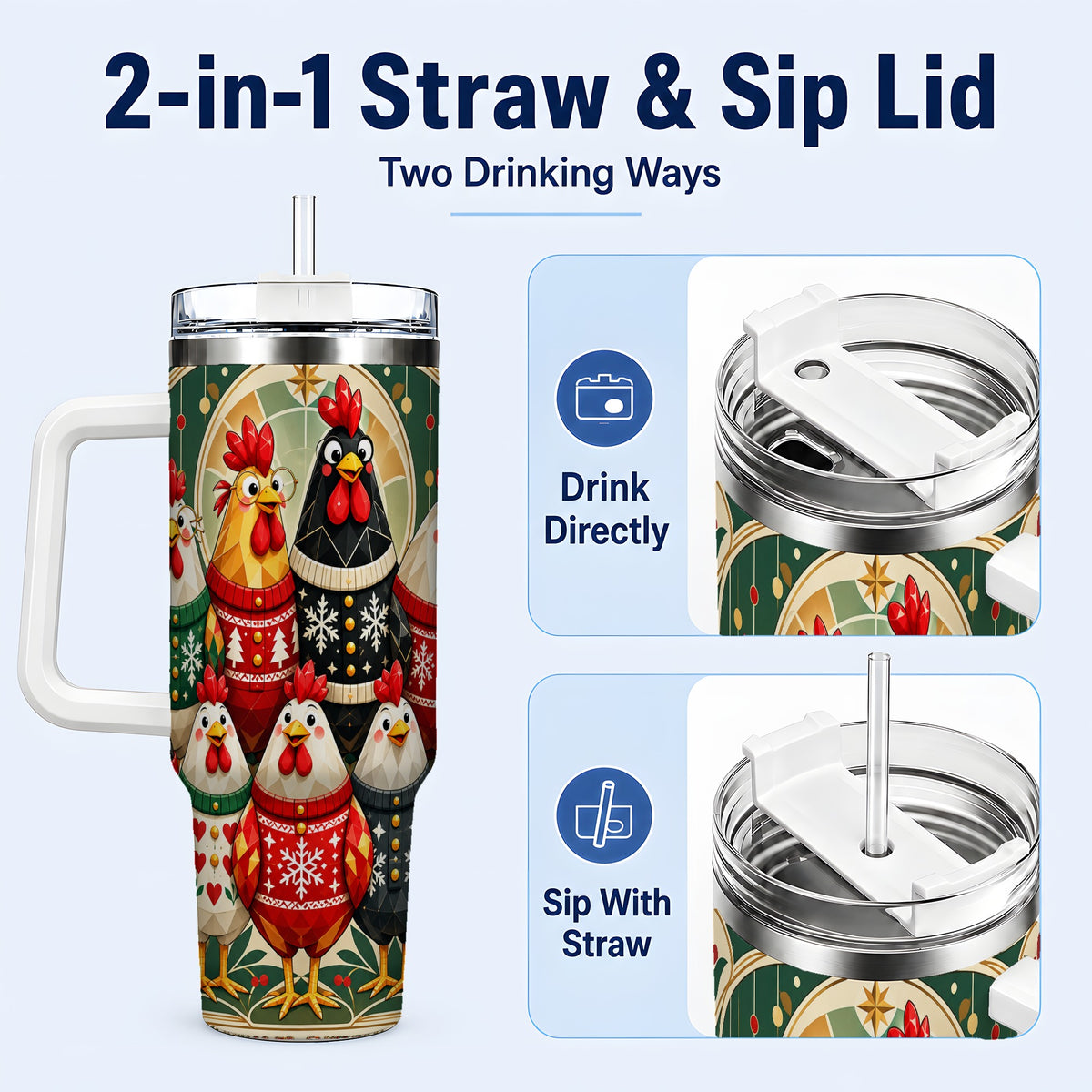 #pl[40oz|White] Christmas Chickens 40oz Tumbler with Handle, Farmhouse Holiday Cup