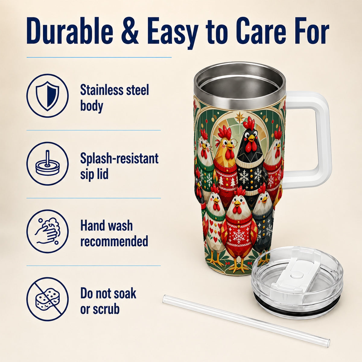 Christmas Chickens 40oz Tumbler with Handle, Farmhouse Holiday Cup