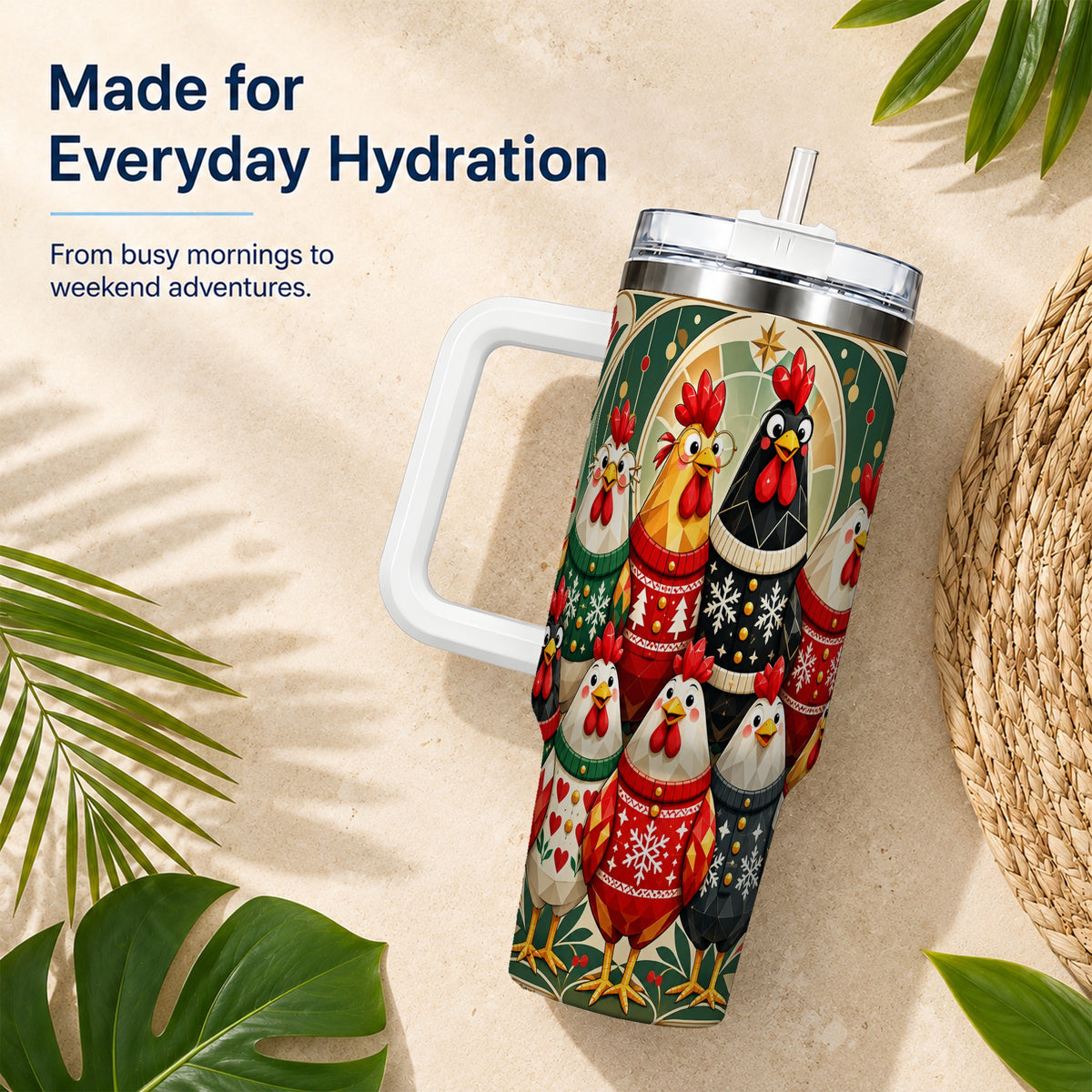 Christmas Chickens 40oz Tumbler with Handle, Farmhouse Holiday Cup
