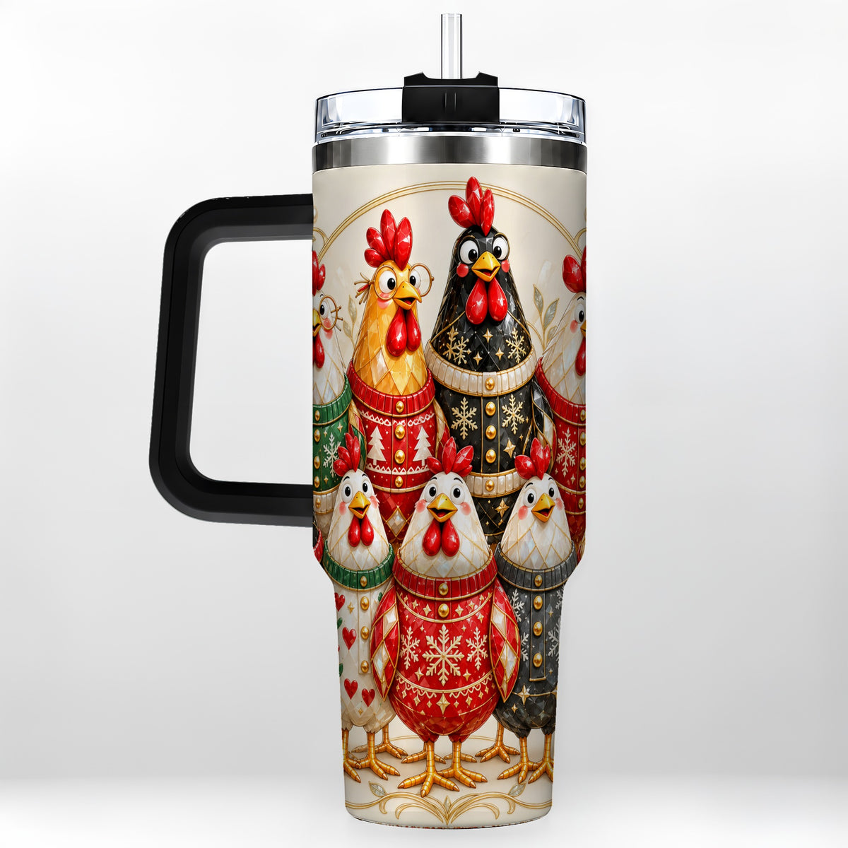 #pl[40oz|Black] Jeweled Christmas Chickens 40oz Tumbler with Handle, Holiday Cup