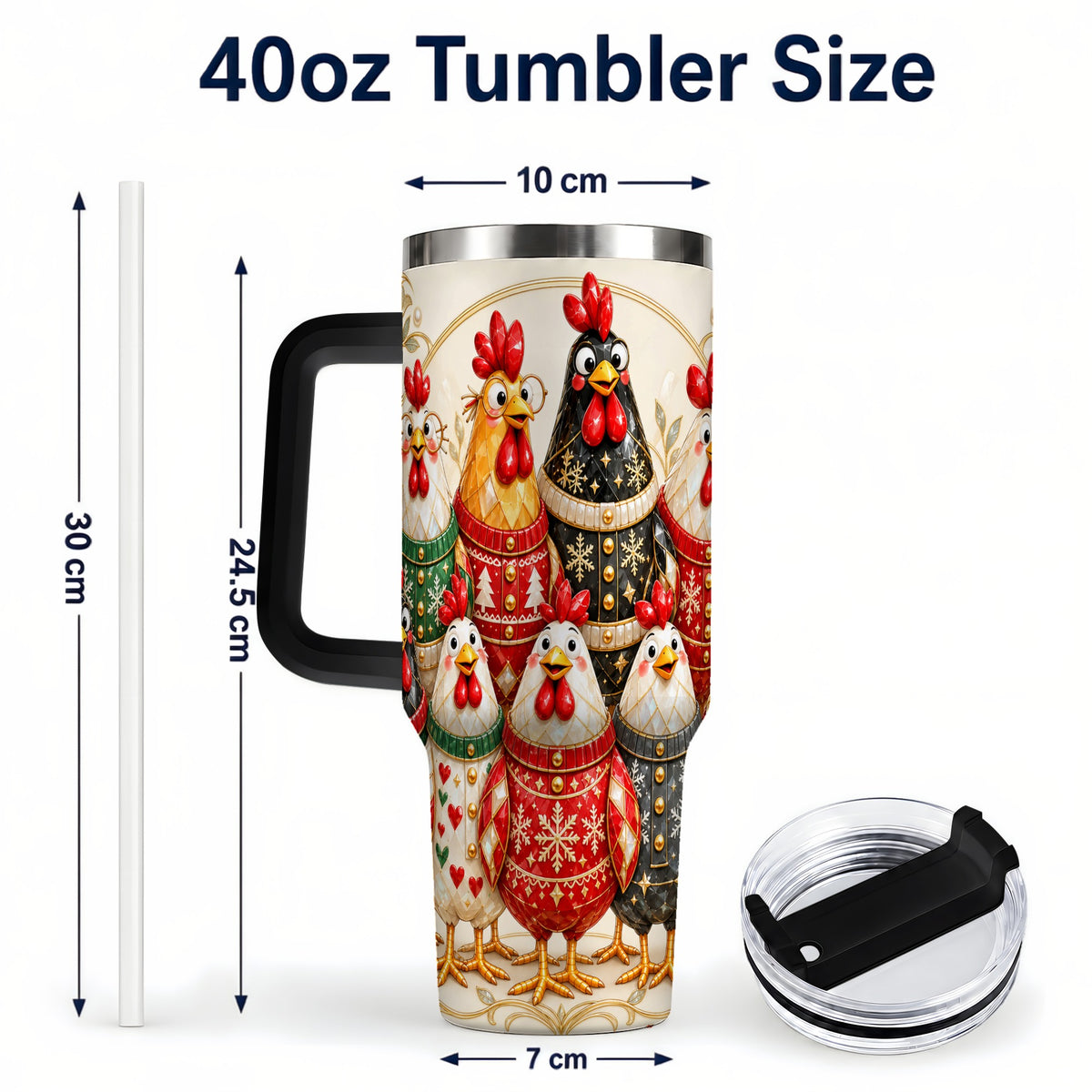 #pl[40oz|Black] Jeweled Christmas Chickens 40oz Tumbler with Handle, Holiday Cup