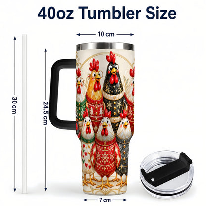 #pl[40oz|Black] Jeweled Christmas Chickens 40oz Tumbler with Handle, Holiday Cup