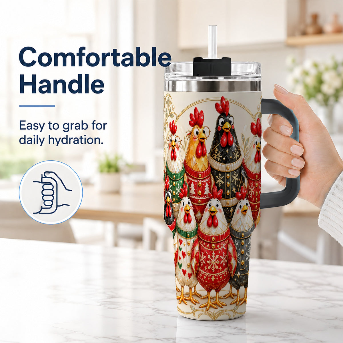 #pl[40oz|Black] Jeweled Christmas Chickens 40oz Tumbler with Handle, Holiday Cup