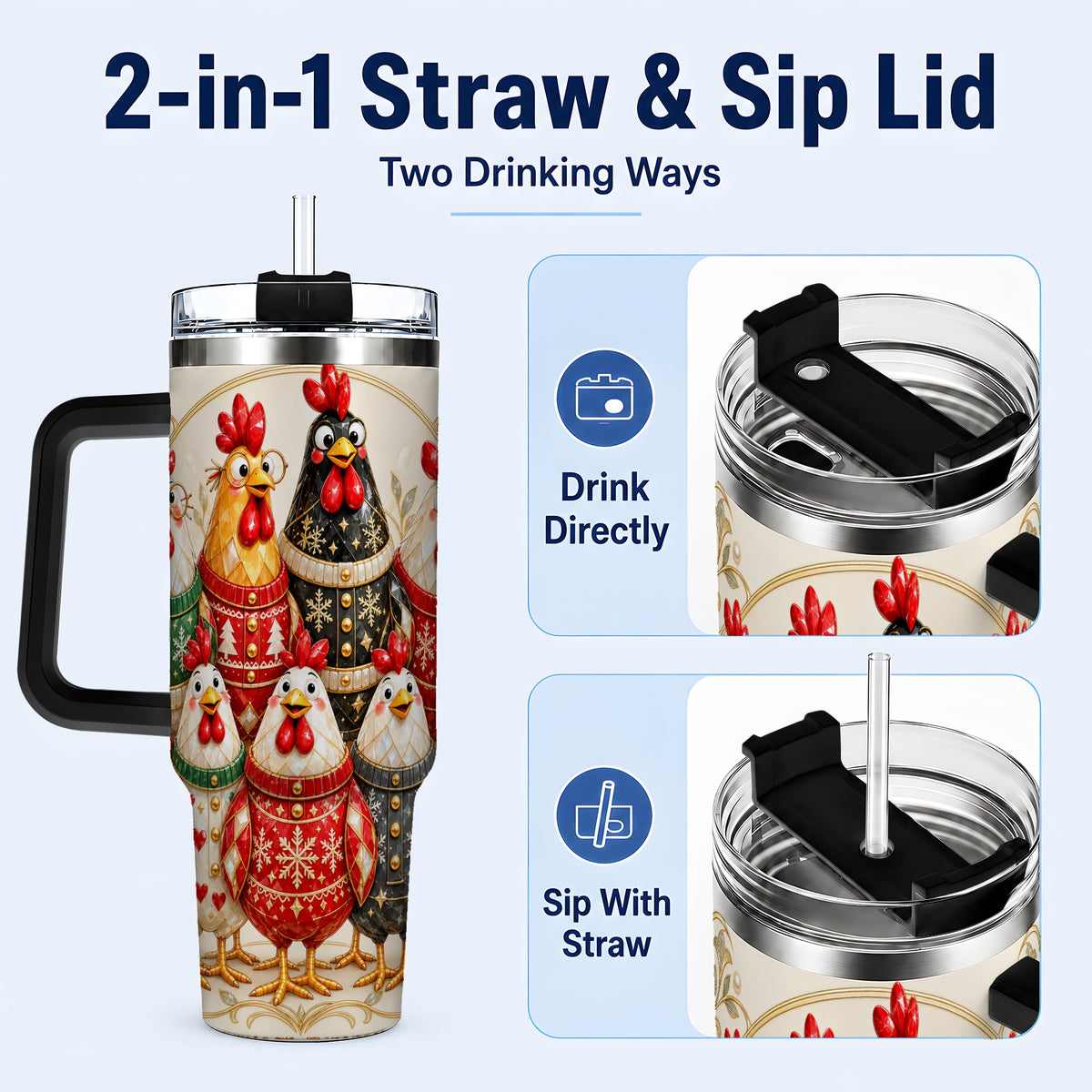 #pl[40oz|Black] Jeweled Christmas Chickens 40oz Tumbler with Handle, Holiday Cup