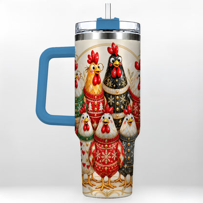 #pl[40oz|Blue] Jeweled Christmas Chickens 40oz Tumbler with Handle, Holiday Cup