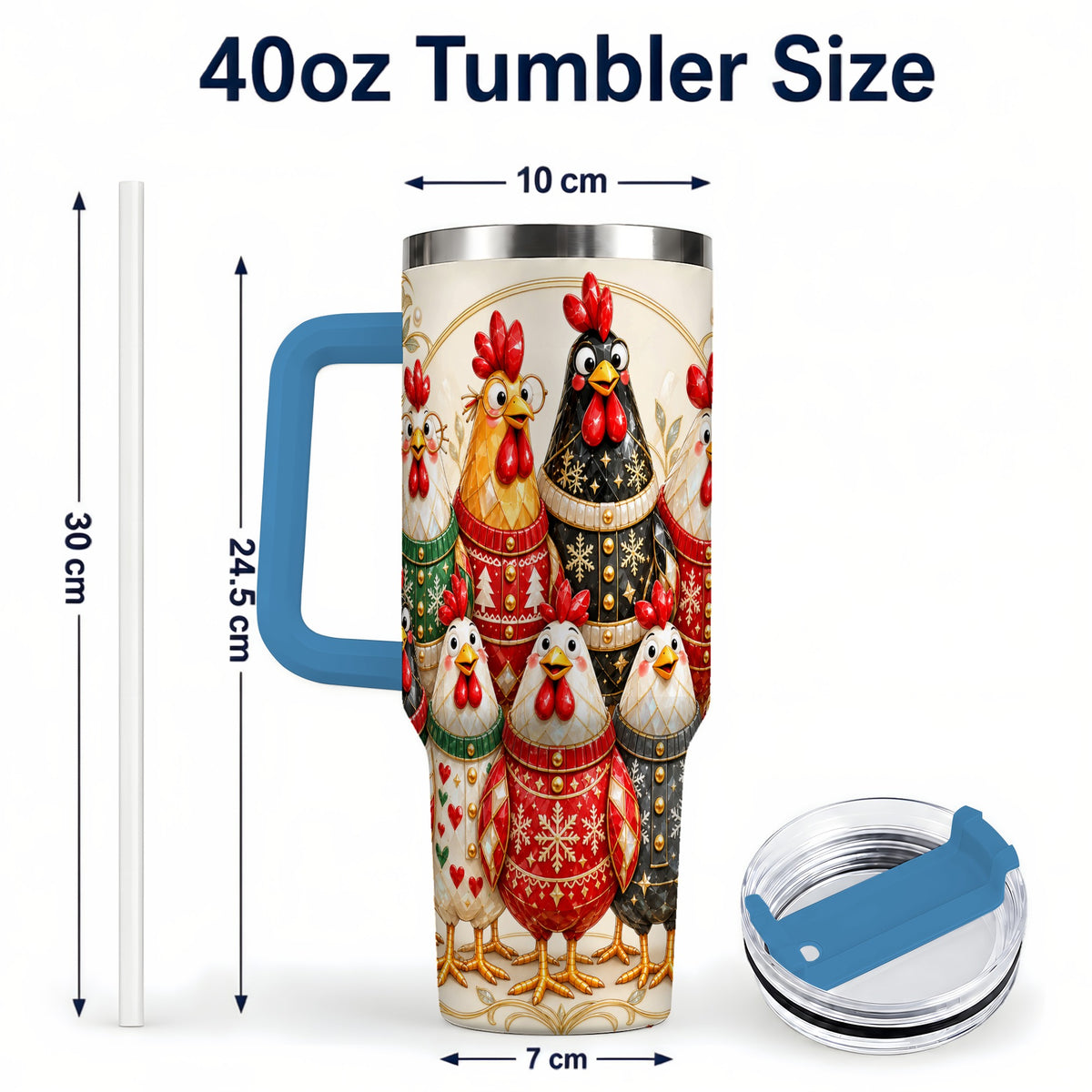 #pl[40oz|Blue] Jeweled Christmas Chickens 40oz Tumbler with Handle, Holiday Cup