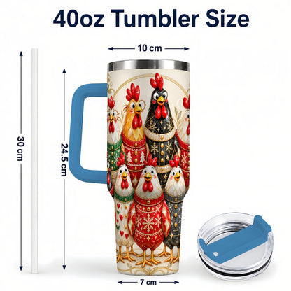 #pl[40oz|Blue] Jeweled Christmas Chickens 40oz Tumbler with Handle, Holiday Cup