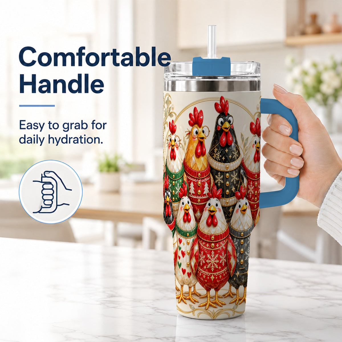 #pl[40oz|Blue] Jeweled Christmas Chickens 40oz Tumbler with Handle, Holiday Cup
