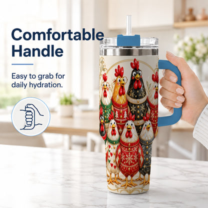 #pl[40oz|Blue] Jeweled Christmas Chickens 40oz Tumbler with Handle, Holiday Cup