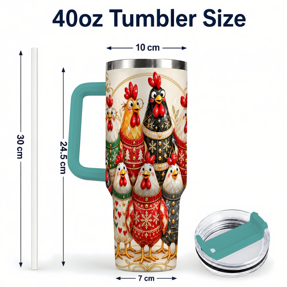 #pl[40oz|Green] Jeweled Christmas Chickens 40oz Tumbler with Handle, Holiday Cup