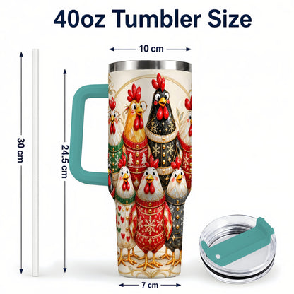#pl[40oz|Green] Jeweled Christmas Chickens 40oz Tumbler with Handle, Holiday Cup