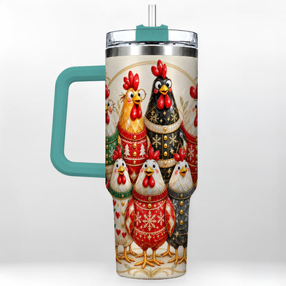 #pl[40oz|Green] Jeweled Christmas Chickens 40oz Tumbler with Handle, Holiday Cup