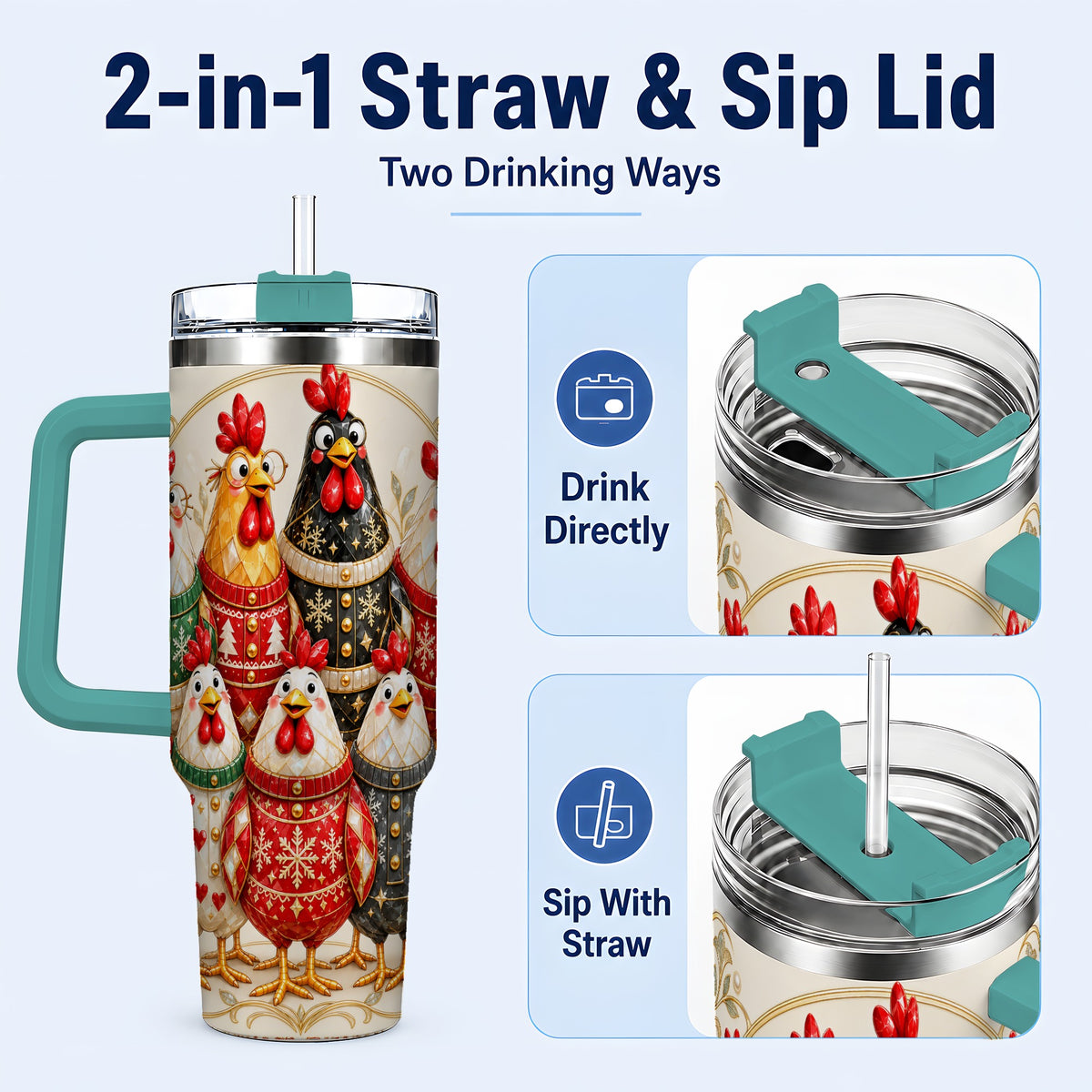 #pl[40oz|Green] Jeweled Christmas Chickens 40oz Tumbler with Handle, Holiday Cup