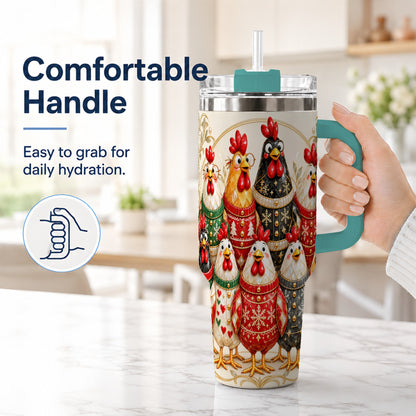 #pl[40oz|Green] Jeweled Christmas Chickens 40oz Tumbler with Handle, Holiday Cup