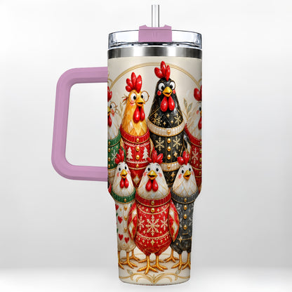 #pl[40oz|Pink] Jeweled Christmas Chickens 40oz Tumbler with Handle, Holiday Cup