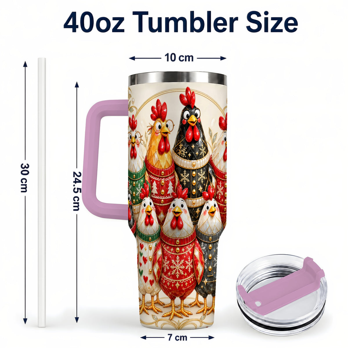 #pl[40oz|Pink] Jeweled Christmas Chickens 40oz Tumbler with Handle, Holiday Cup