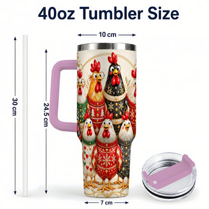 #pl[40oz|Pink] Jeweled Christmas Chickens 40oz Tumbler with Handle, Holiday Cup