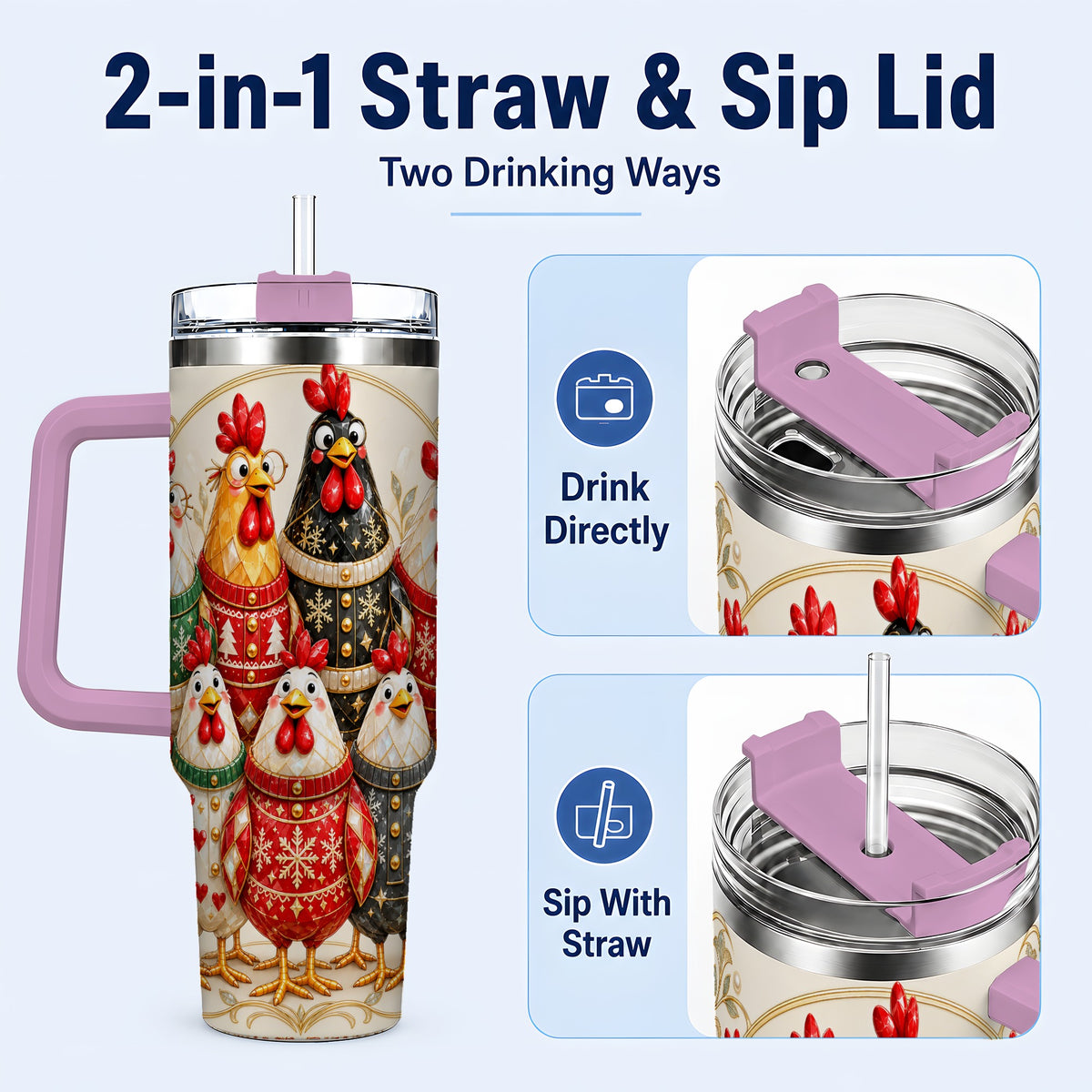 #pl[40oz|Pink] Jeweled Christmas Chickens 40oz Tumbler with Handle, Holiday Cup
