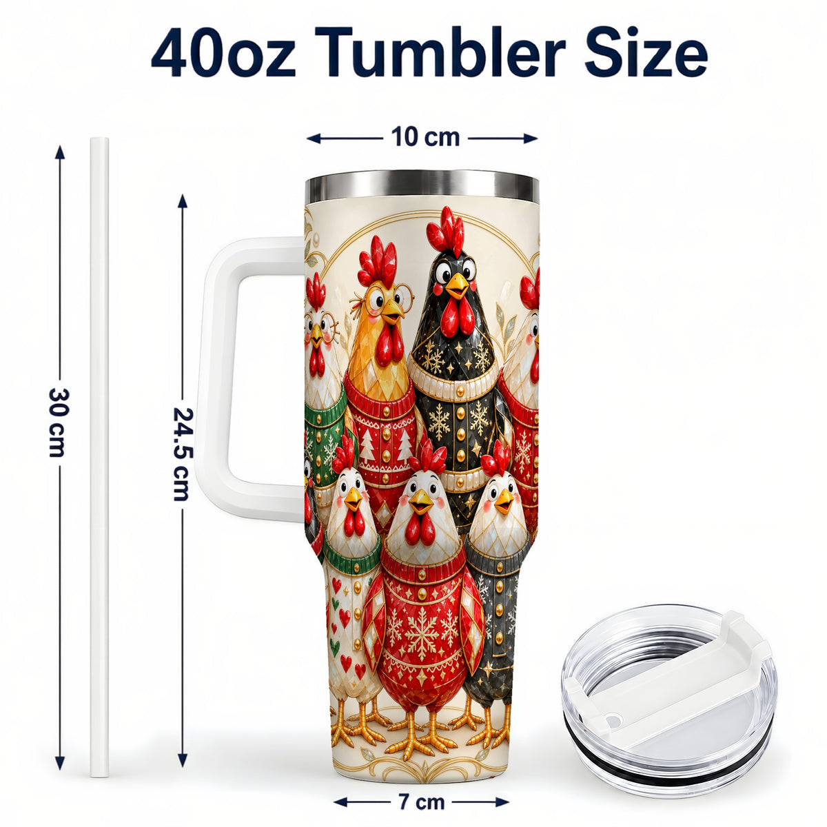 #pl[40oz|White] Jeweled Christmas Chickens 40oz Tumbler with Handle, Holiday Cup