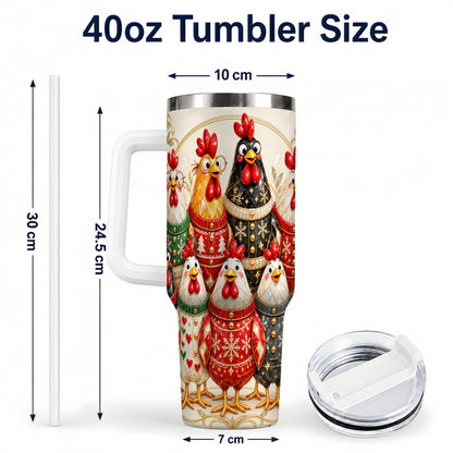 #pl[40oz|White] Jeweled Christmas Chickens 40oz Tumbler with Handle, Holiday Cup