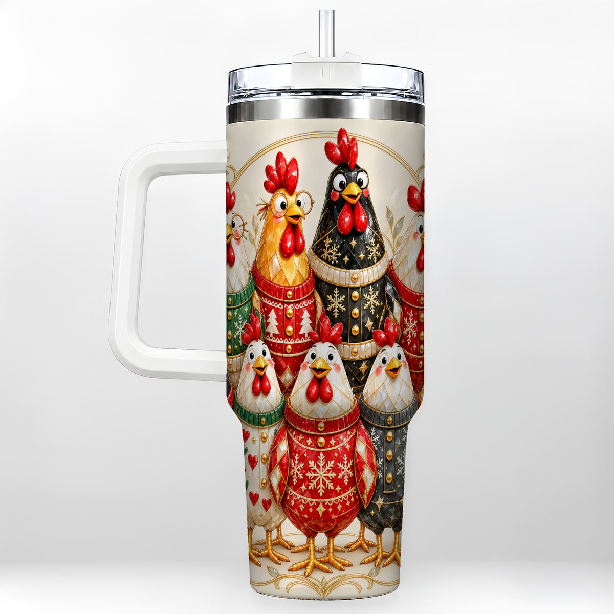 Jeweled Christmas Chickens 40oz Tumbler with Handle, Holiday Cup