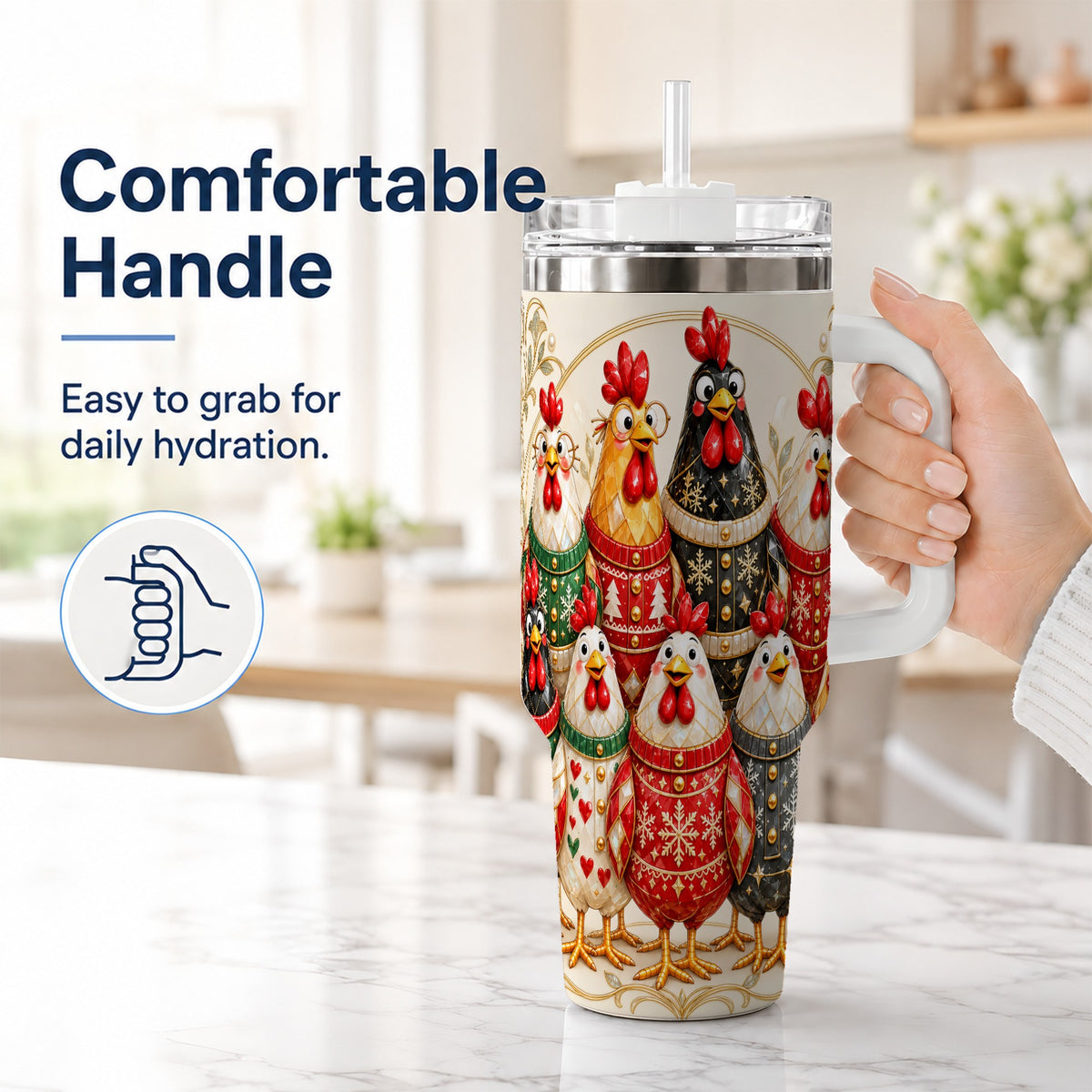 #pl[40oz|White] Jeweled Christmas Chickens 40oz Tumbler with Handle, Holiday Cup