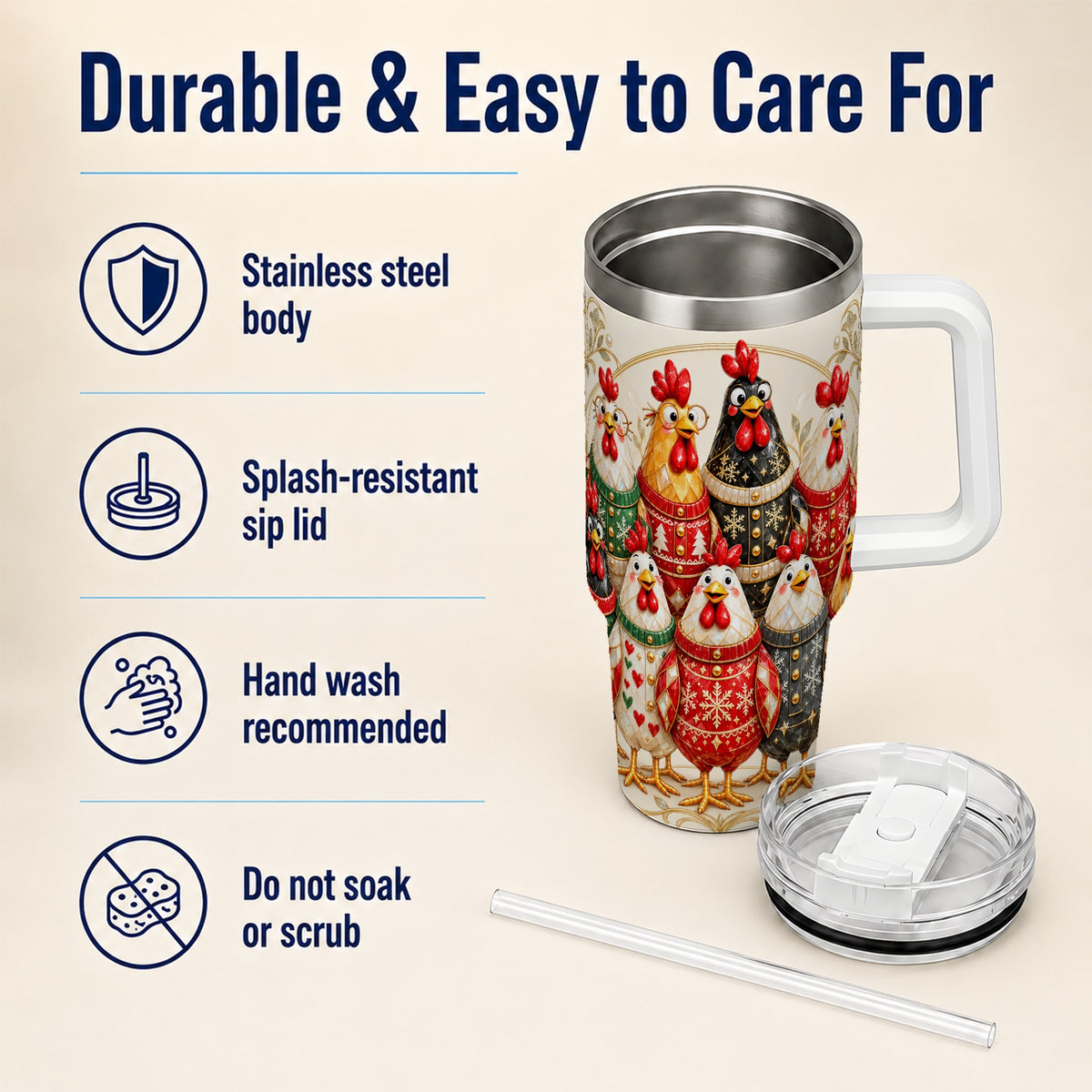 Jeweled Christmas Chickens 40oz Tumbler with Handle, Holiday Cup