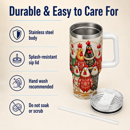 Jeweled Christmas Chickens 40oz Tumbler with Handle, Holiday Cup