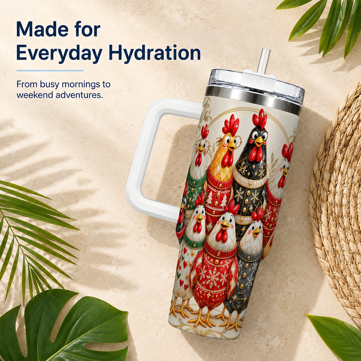 Jeweled Christmas Chickens 40oz Tumbler with Handle, Holiday Cup