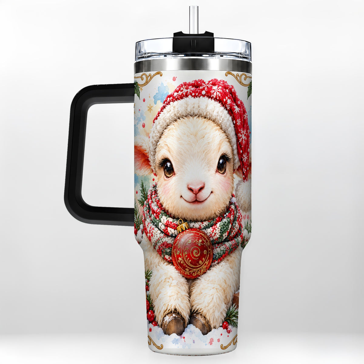 #pl[40oz|Black] Sitting Christmas Lamb 40oz Tumbler with Handle, Winter Sheep Cup