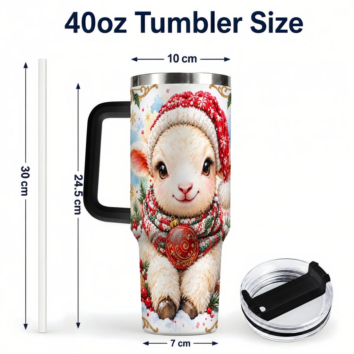 #pl[40oz|Black] Sitting Christmas Lamb 40oz Tumbler with Handle, Winter Sheep Cup