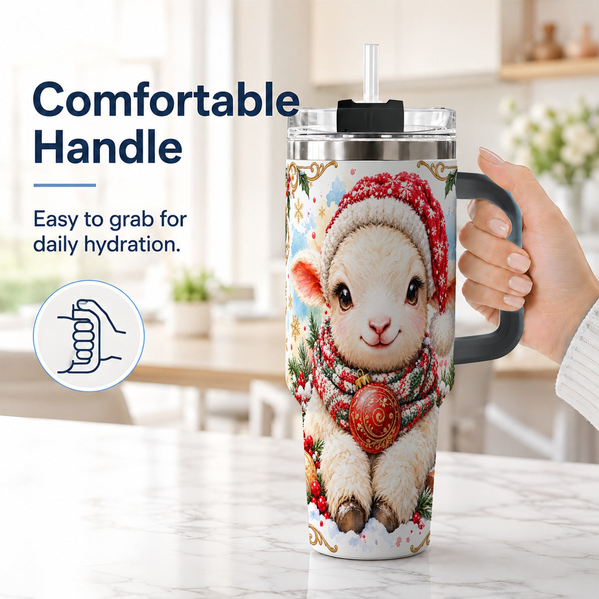 #pl[40oz|Black] Sitting Christmas Lamb 40oz Tumbler with Handle, Winter Sheep Cup