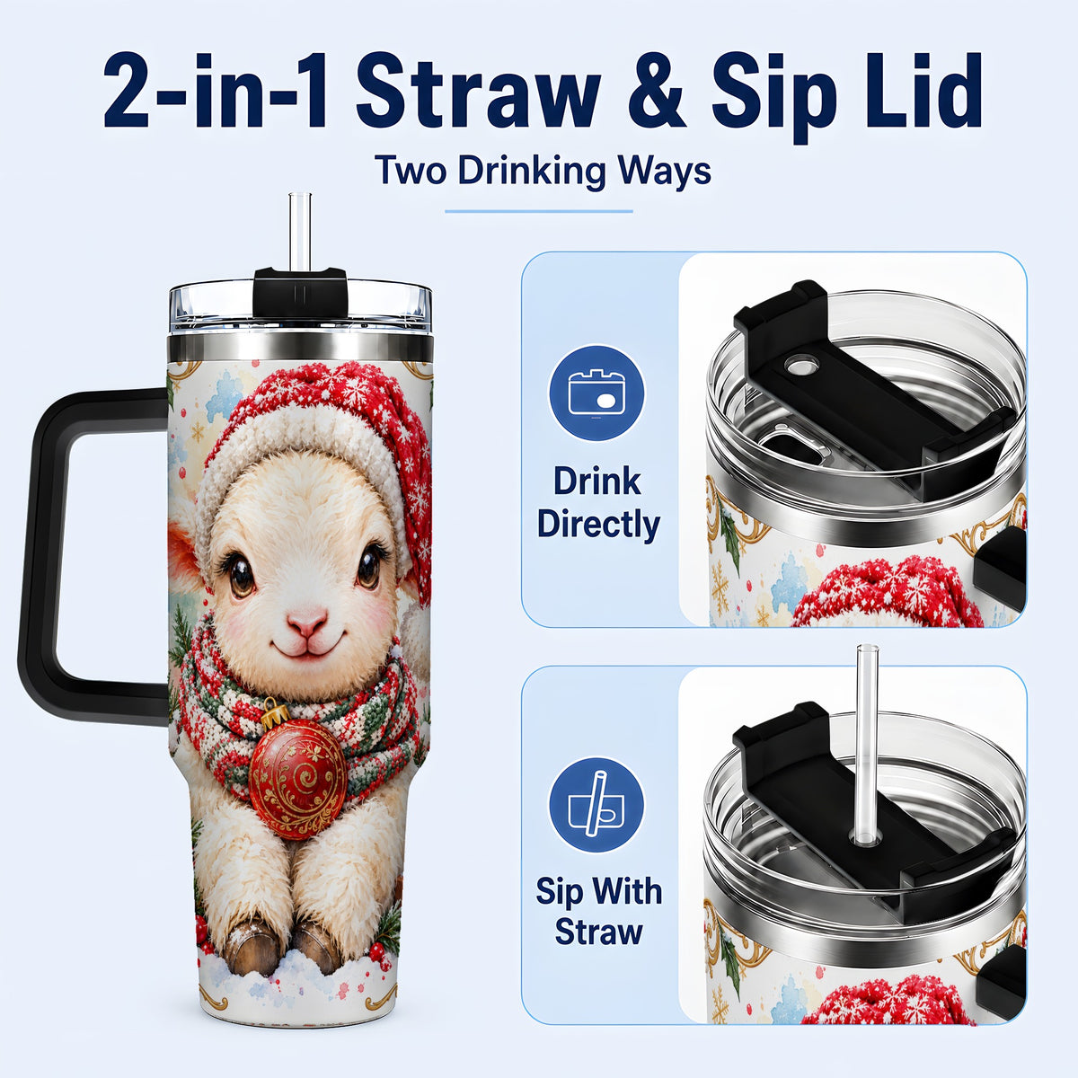#pl[40oz|Black] Sitting Christmas Lamb 40oz Tumbler with Handle, Winter Sheep Cup