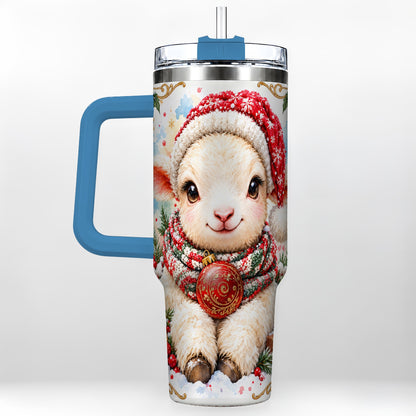 #pl[40oz|Blue] Sitting Christmas Lamb 40oz Tumbler with Handle, Winter Sheep Cup