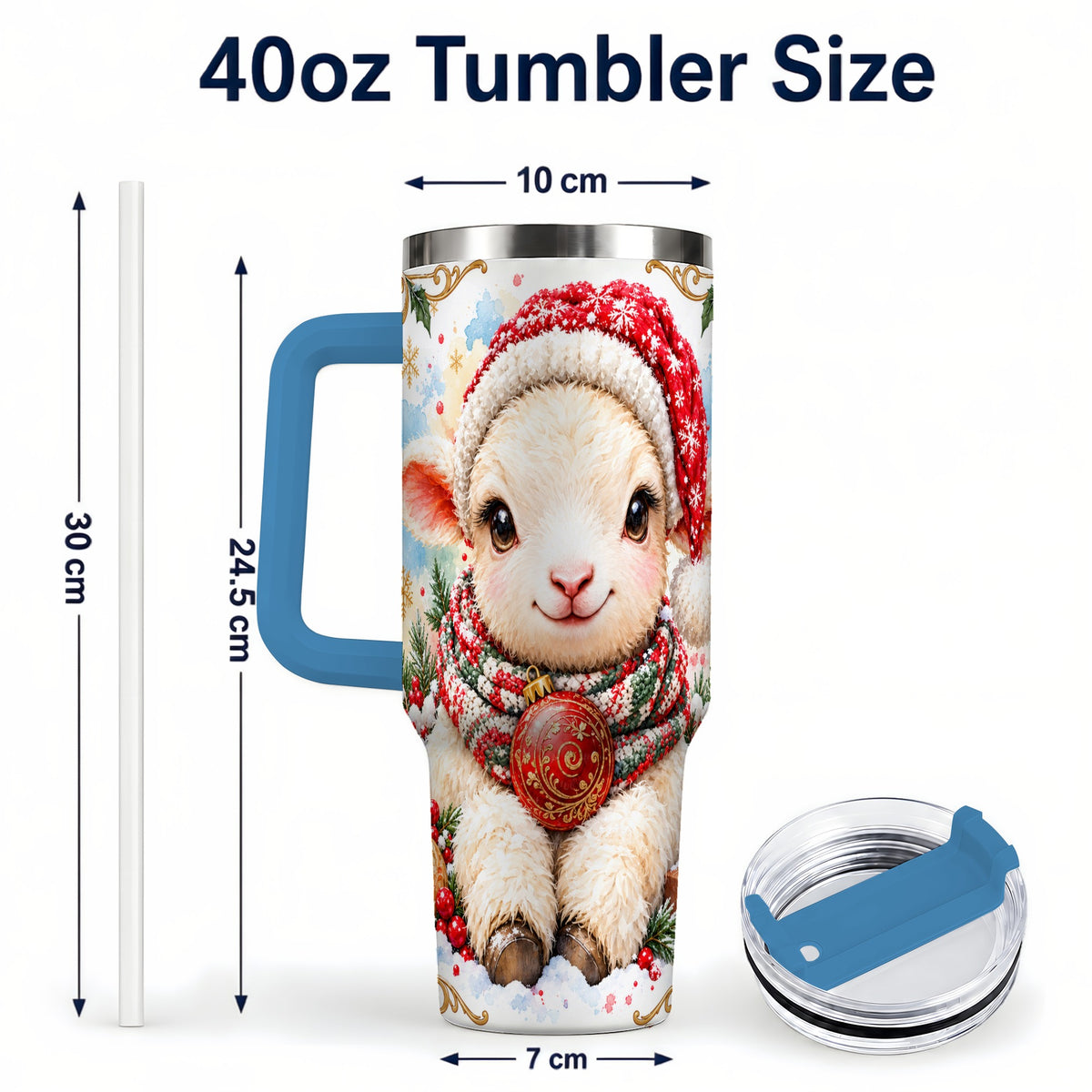 #pl[40oz|Blue] Sitting Christmas Lamb 40oz Tumbler with Handle, Winter Sheep Cup