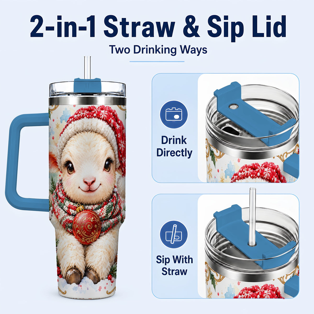 #pl[40oz|Blue] Sitting Christmas Lamb 40oz Tumbler with Handle, Winter Sheep Cup