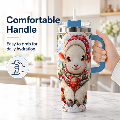 #pl[40oz|Blue] Sitting Christmas Lamb 40oz Tumbler with Handle, Winter Sheep Cup