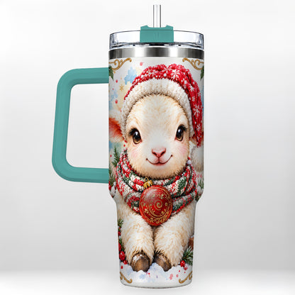 #pl[40oz|Green] Sitting Christmas Lamb 40oz Tumbler with Handle, Winter Sheep Cup