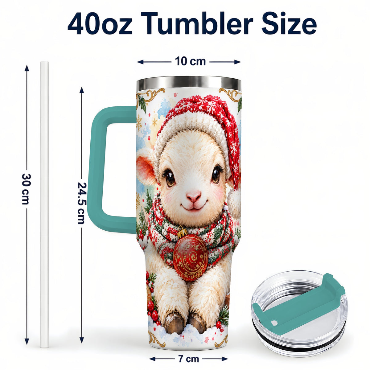 #pl[40oz|Green] Sitting Christmas Lamb 40oz Tumbler with Handle, Winter Sheep Cup