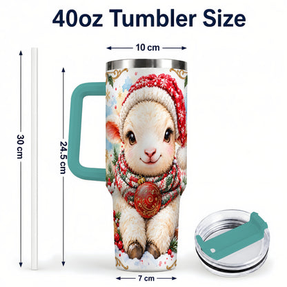 #pl[40oz|Green] Sitting Christmas Lamb 40oz Tumbler with Handle, Winter Sheep Cup