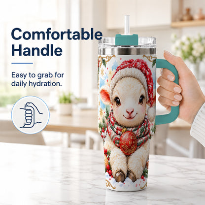 #pl[40oz|Green] Sitting Christmas Lamb 40oz Tumbler with Handle, Winter Sheep Cup