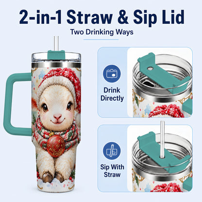 #pl[40oz|Green] Sitting Christmas Lamb 40oz Tumbler with Handle, Winter Sheep Cup