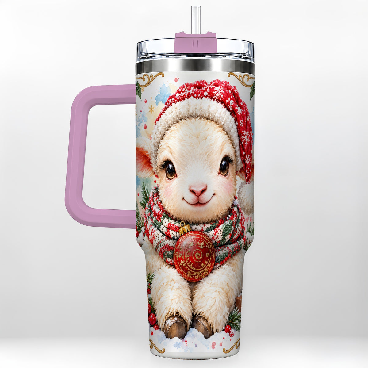 #pl[40oz|Pink] Sitting Christmas Lamb 40oz Tumbler with Handle, Winter Sheep Cup