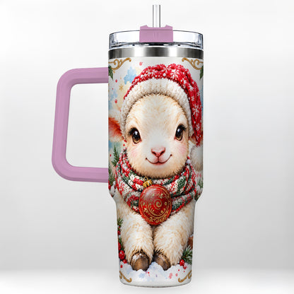 #pl[40oz|Pink] Sitting Christmas Lamb 40oz Tumbler with Handle, Winter Sheep Cup