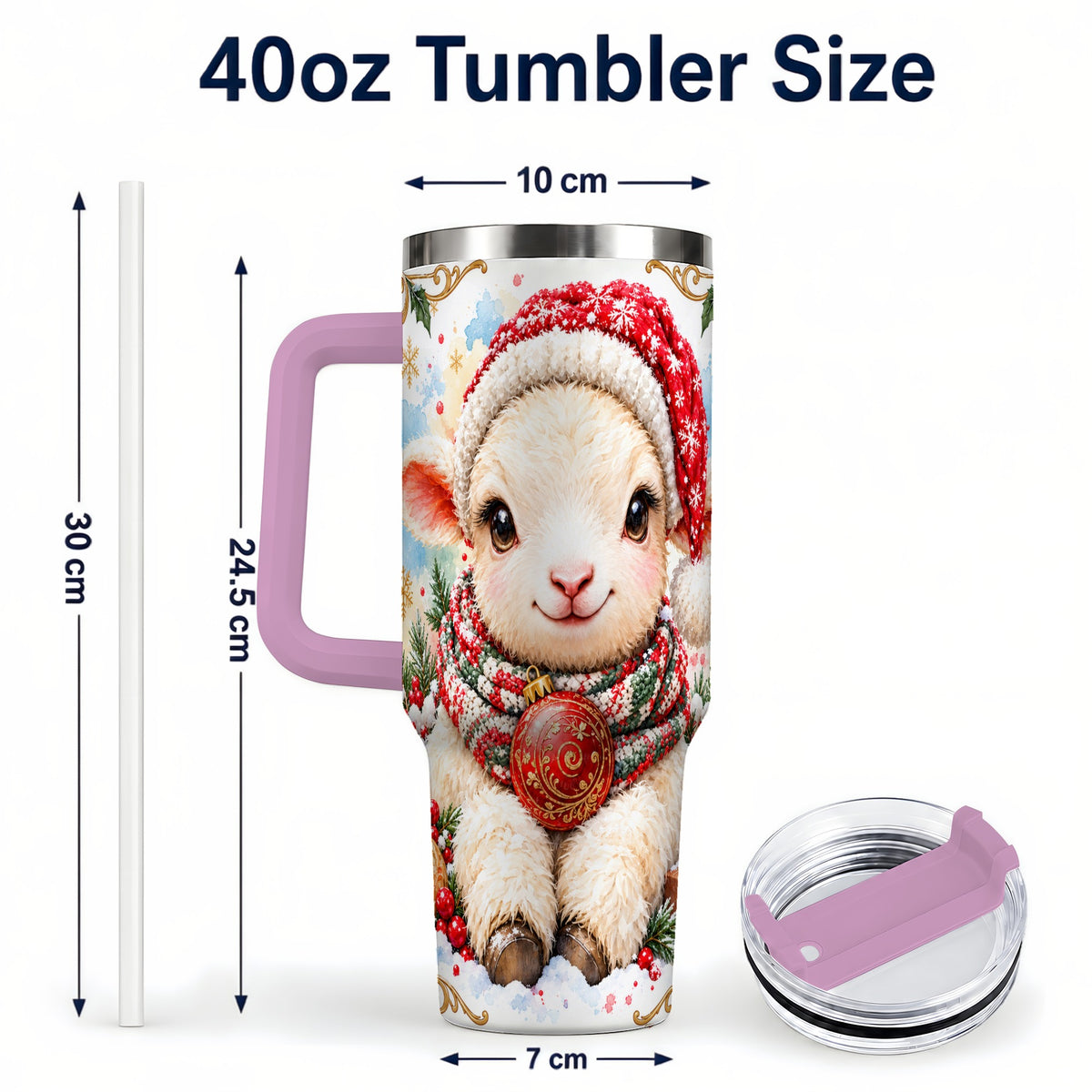 #pl[40oz|Pink] Sitting Christmas Lamb 40oz Tumbler with Handle, Winter Sheep Cup